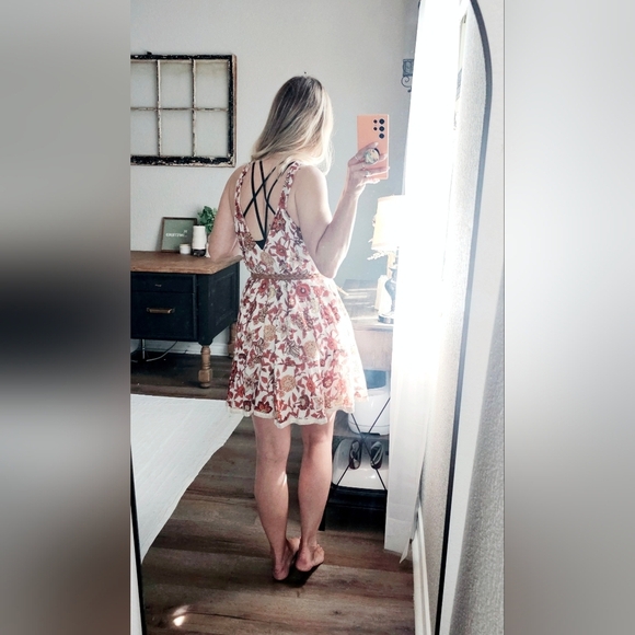 Free People Oh Baby Floral Mini Dress Swing Fully Lined White Cotton Smocked XS - Picture 10 of 16